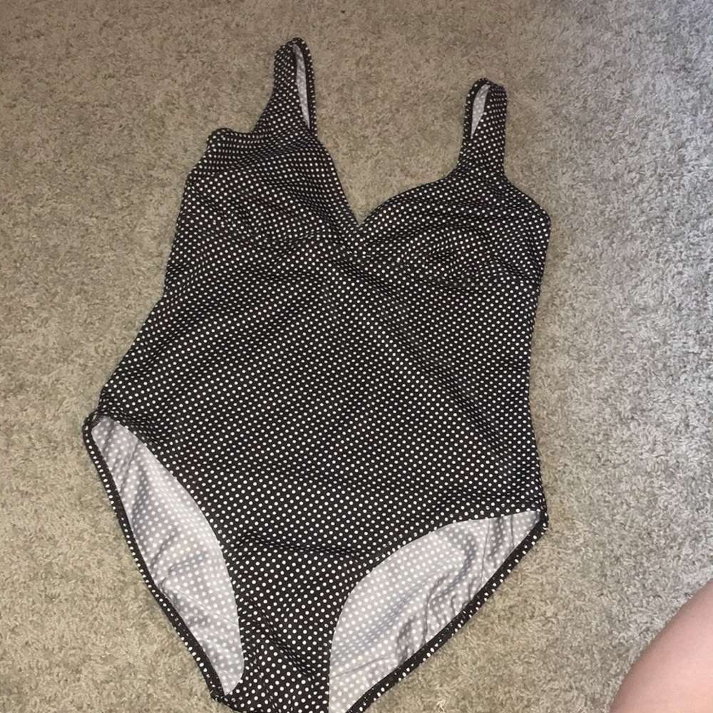 Vintage One piece suit black polka dot islander vintage swimsuit v neck